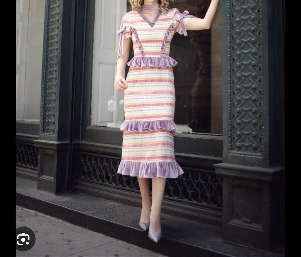 Vivienne Hu New York Striped Midi Dress Purple Velvet Ruffle Trim Sz 6 Boutiuqe